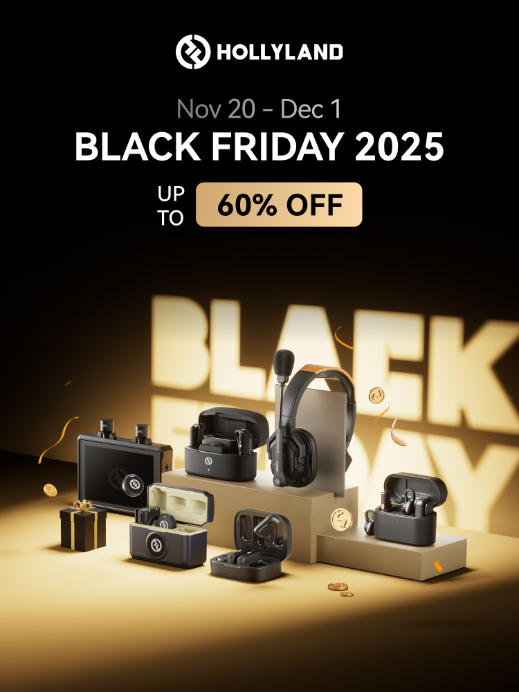 Black Friday 2025 advertisement for Hollyland with electronic devices on a dark background.