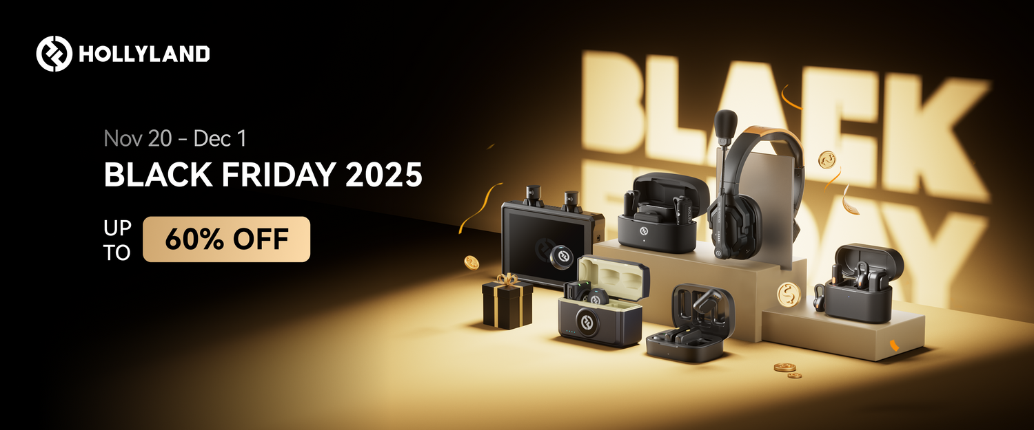 Hollyland communication devices on a black background with 'Black Friday 2025' text and offer details.